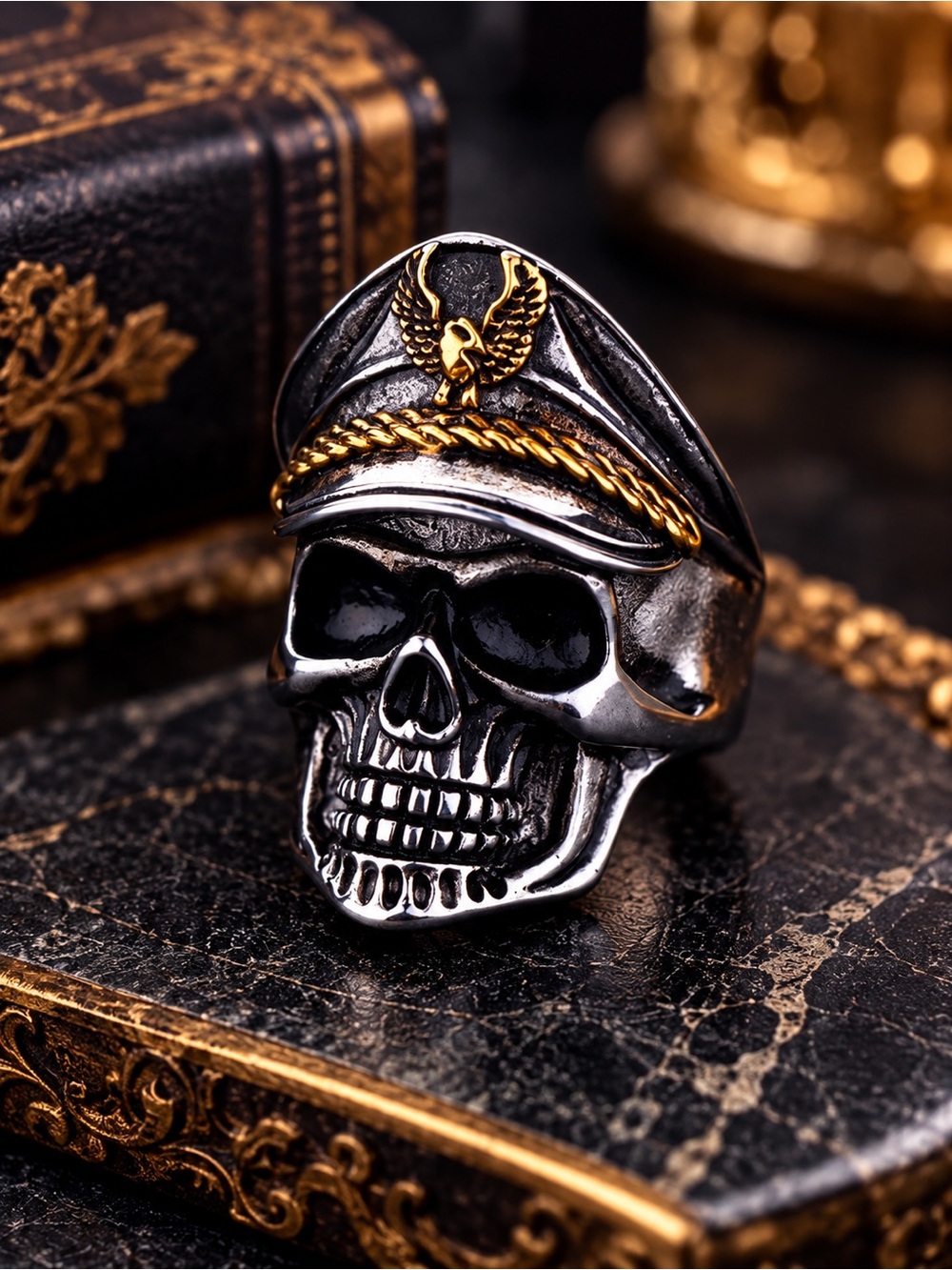 Men’s Size 10 Skull Captain Hat Statement Ring Black Silver Gold Tone
